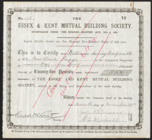 Essex and Kent Mutual Building Society, £25 shares, 1920's