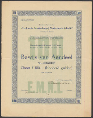 Netherlands Indies: Exploratie Maatschappij Nederlandsch-Indie, 100 gulden share, Batavia 1929