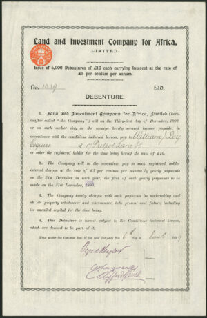 Rhodesia: Land and Investment Company for Africa Limited, £10 debenture, 1899