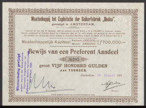Netherlands Indies: Maatschappij tot Exploitatie der Suikerfabriek "Badas", preference share, Amsterdam 1898