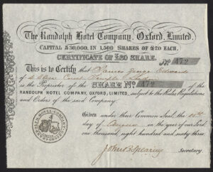 Great Britain: Randolph Hotel Company Oxford Limited, £20 share, 1863
