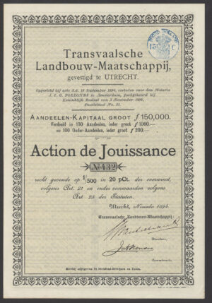 South Africa: Transvaalsche Landbouw-Maatschappij, action de jouissance, 1894