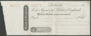 Bank of England, Western Branch, Burlington branch, Order cheque, 1872