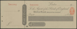 Bank of England, Western Branch, Burlington branch, Order cheque, 1914