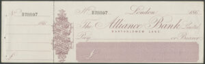 Alliance Bank Limited, Bartholomew Lane, London branch, unused cheque, 1864