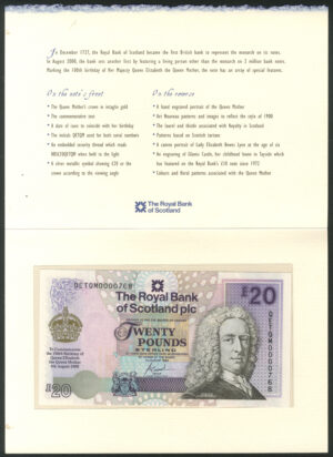 Scotland, Royal Bank, 20 pounds, 4.8.2000, Queen Mother commemorative, UNC in folder - Image 2