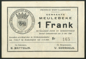 Belgium, Town of Meulebeke, 1 frank, 11-6-1940, Emergency issue, GVF