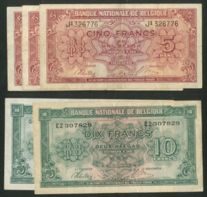 Belgium, Kingdom in Exile, group of 5 francs (3) and 10 francs (2), mixed condition