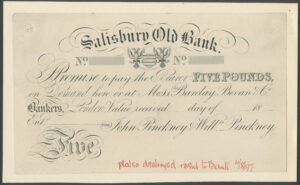 Salisbury Old Bank, John Pinckney & Willm Pinckney, proof £5, 18--, on card