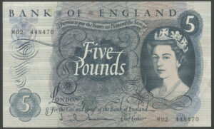 Bank of England, J.Q. Hollom, 5 pounds, (1963), M02 replacement, EPM B298, EF