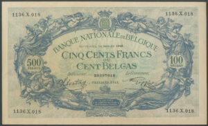 Belgium, Banque Nationale, 500 francs/100 Belgas, 30 March 1942 (Pick 109), AUNC
