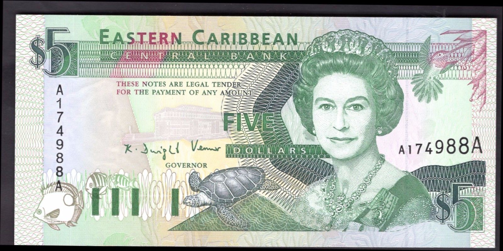 Antigua. Five Dollars, A174988A, (1993), Almost Uncirculated-Uncirculated.