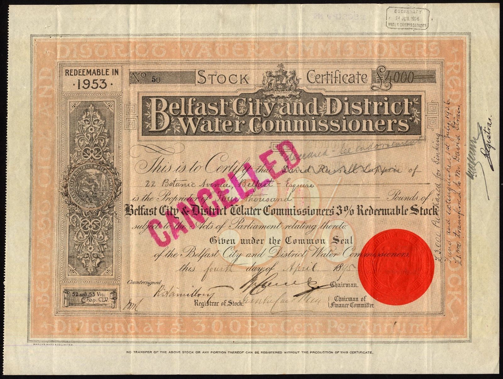 Belfast City & District Water Commissioners, 3% redeemable stock, 1895