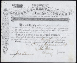 Charles Rowley & Co. Ltd., £1 shares, 1874, Ancoats picture framers