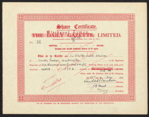 Daily Gazette, Ltd., ordinary £1 shares, 1933, signed Arnold Rowntree