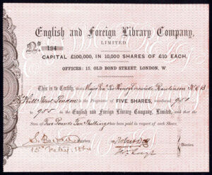English and Foreign Library Co. Ltd., 5 £10 shares, 1864