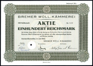 Germany: Bremer Woll-Kammerei, 100RM share, 1942, ex Barov