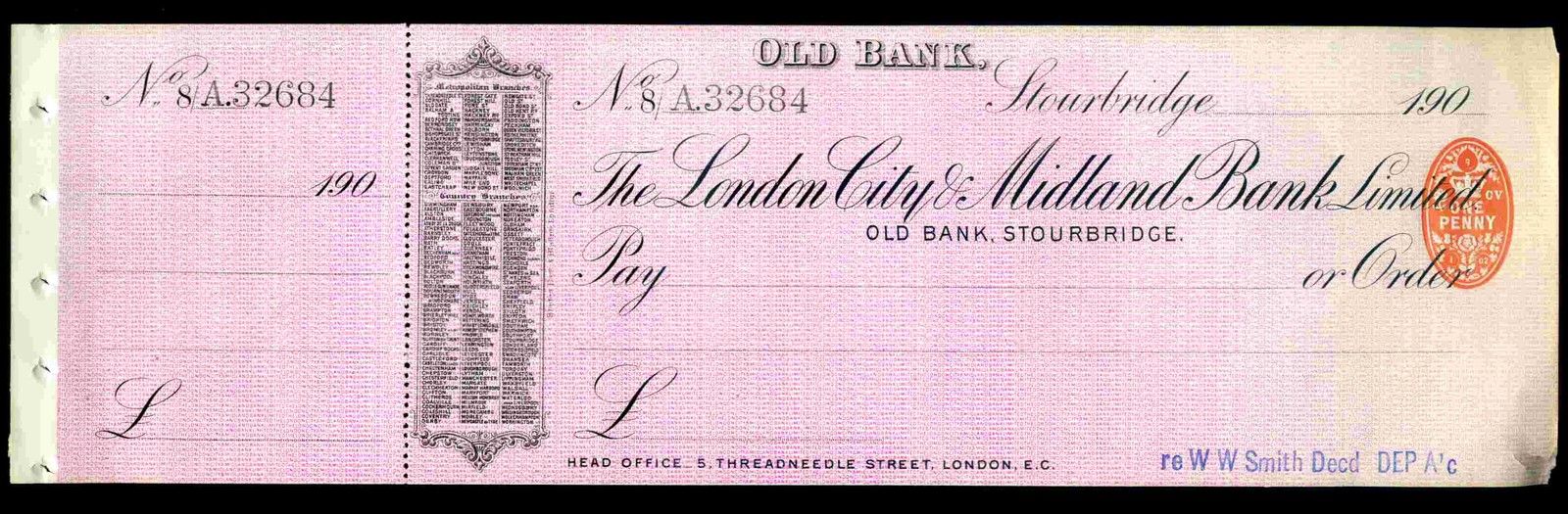 London City & Midland Bank Limited, Stourbridge, Unused, with counterfoil. 190-.