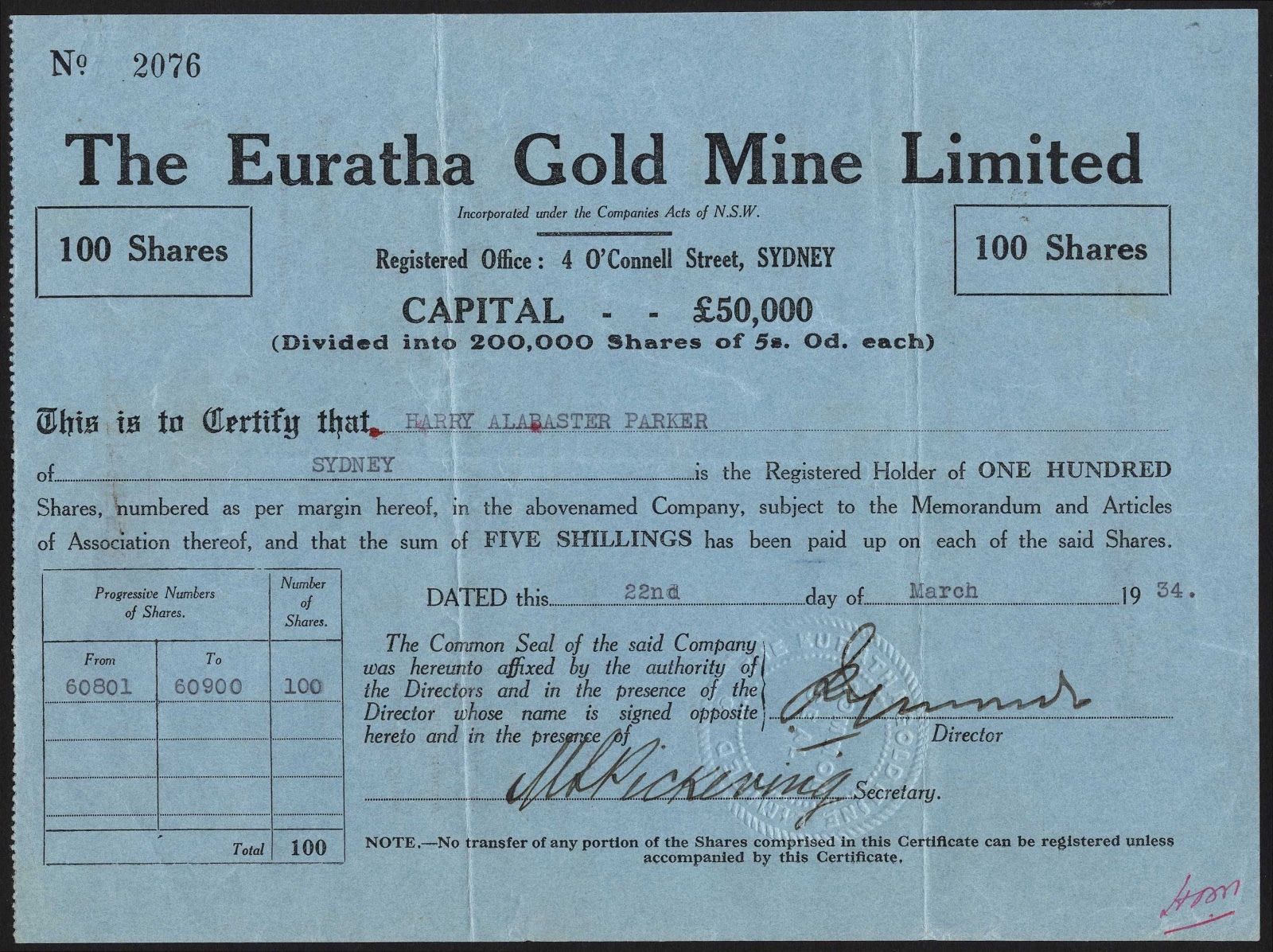 Australia: Euratha Gold Mine Ltd., 100 shares of 5/-, 1934