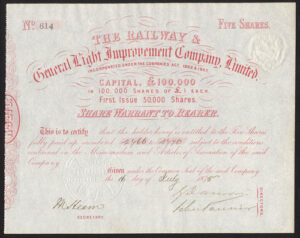Railway & General Light Improvement Co. Ltd., 5 £1 shares, First Issue, 1875