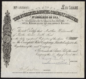 Eversfield Hotel Co. Ltd., St. Leonards on Sea, £10 share, 1885
