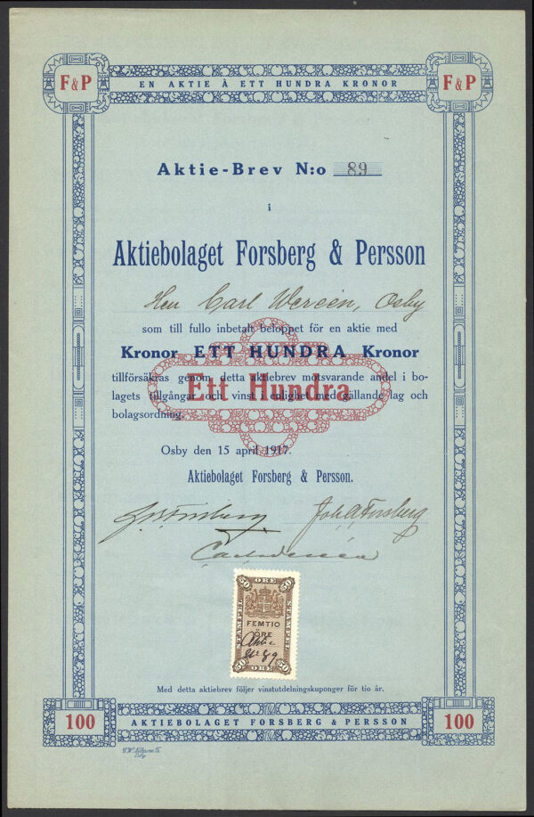 Sweden-Aktiebolaget-Forsberg-Persson-100-kroner-share-1917-381458869580