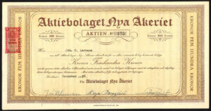 Sweden: Aktiebolaget Nya Akeriet, 500 kroner share, 1938