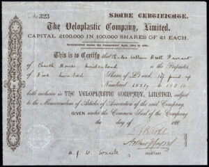 Veloplastic Company Ltd., £1 shares, 188-, date omitted in error.