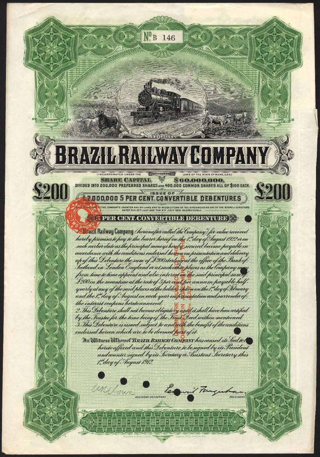 Brazil Railway Co., 5% Convertible Debenture,1912, £200, Waterlow