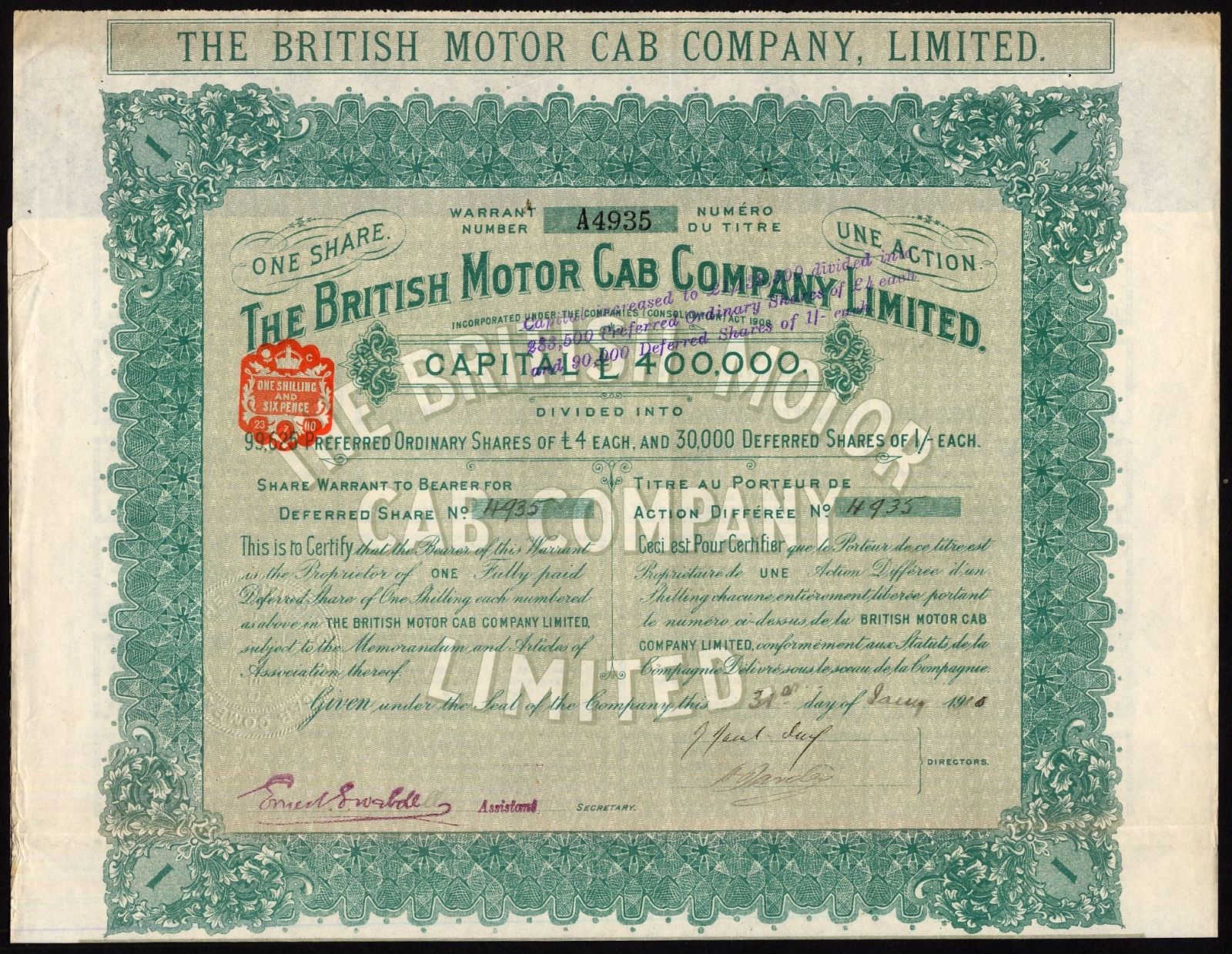 British Motor Cab Co. Ltd., 1 deferred share, 1910