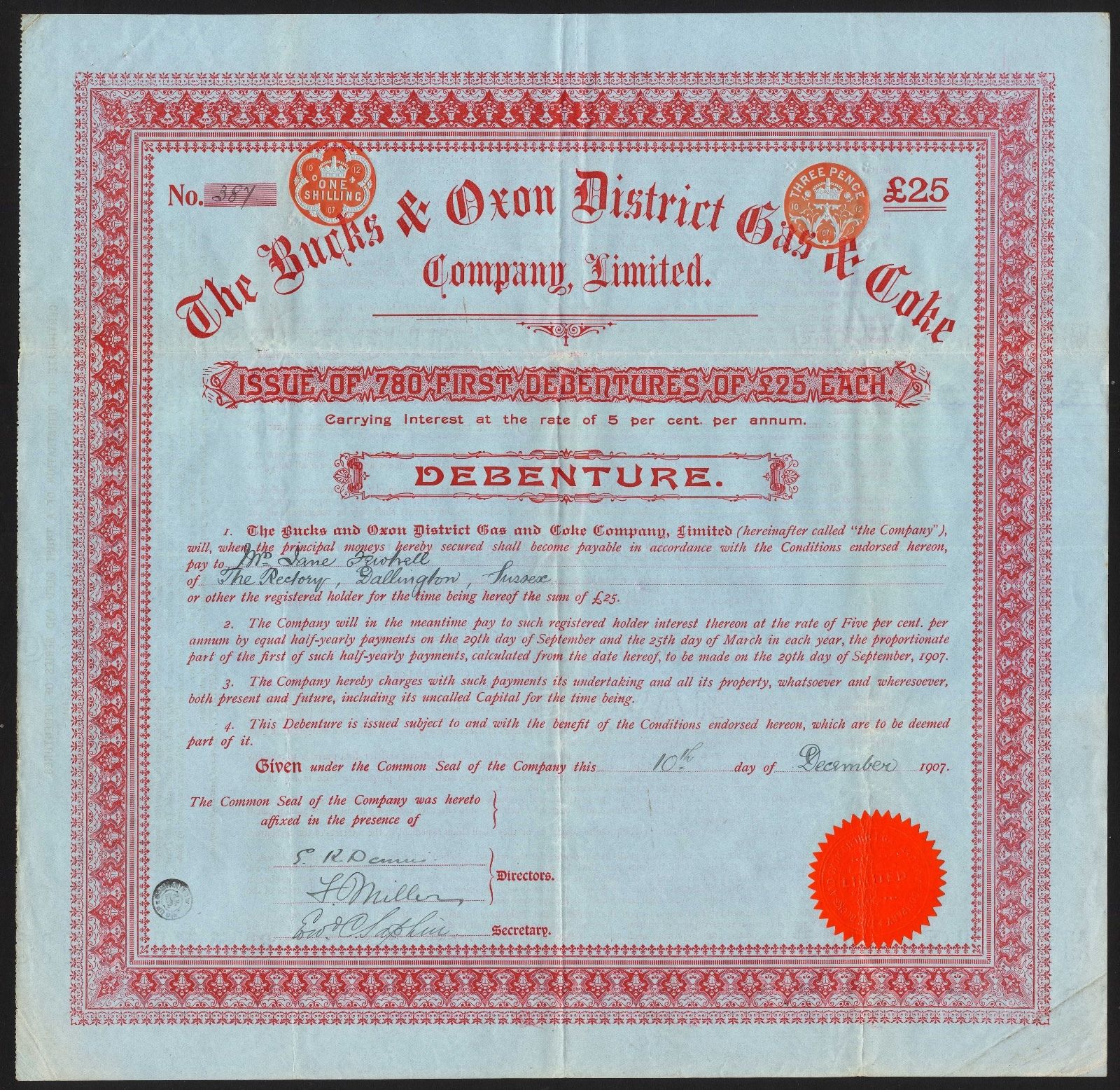 Bucks & Oxon District Gas & Coke Co. Ltd., £25 debenture, 1907, large format