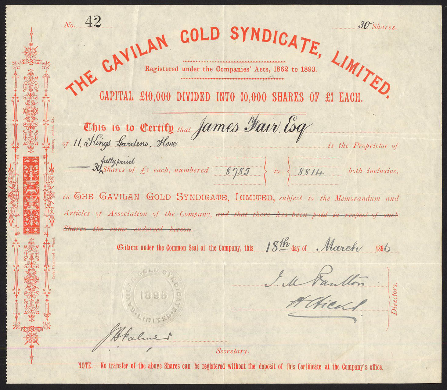 Gavilan Gold Syndicate Ltd., 1896