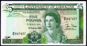 Gibraltar. Five Pounds, series E, 4-8-1988, Almost Uncirculated-Uncirculated. - Image 1