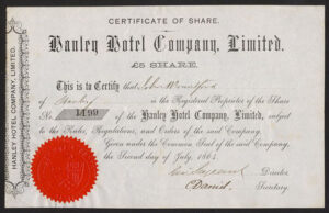 Hanley Hotel Co. Ltd., £5 share, 1864.