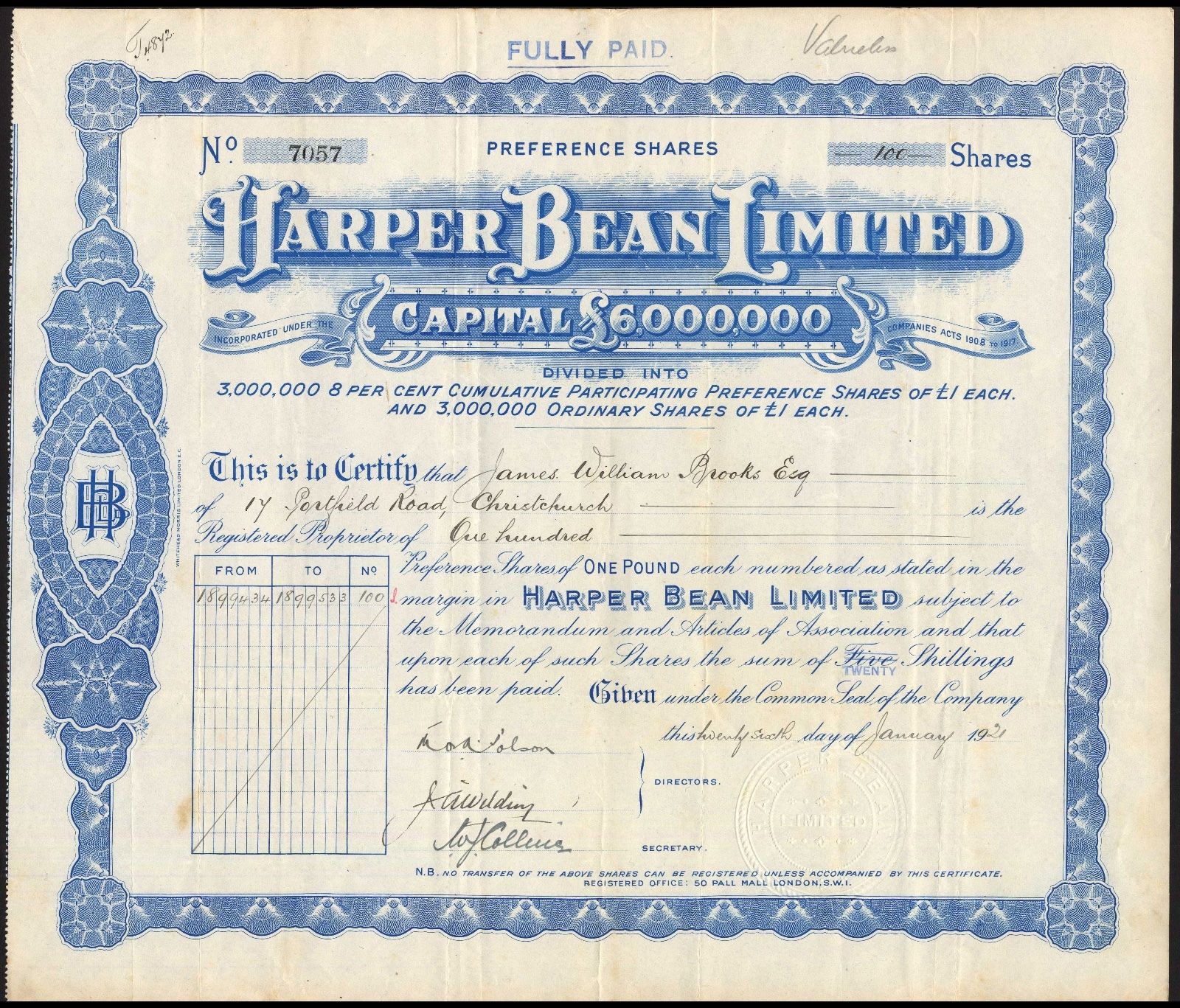 Harper Bean Ltd., £1 preference shares, 1921, VF - Bean motor car
