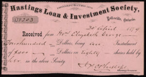 Hastings Loan & Investment Society, installment on shares, Belleville 1879