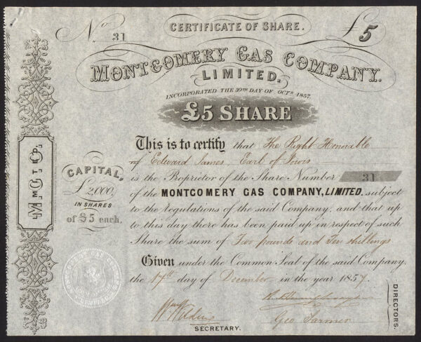 Montgomery-Gas-Co-Ltd-5-share-1857-in-name-of-Earl-of-Powis-172435935681