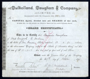 Mulholland, Maugham & Co., £10 share, 1890, Cornforth, Co. Durham
