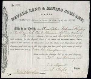 Nevada Land & Mining Co. Ltd., £1 10s shares, 1868, black, handmade paper