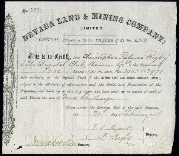 Nevada-Land-Mining-Co-Ltd-1-10s-shares-1868-black-handmade-paper-172227815371