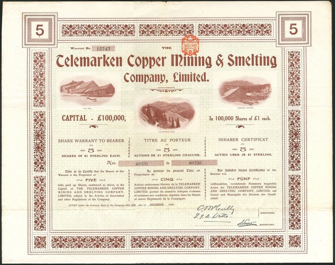 Norway: Telemarken Copper Mining & Smelting Co. Ltd., 5 shares of £1, 1907