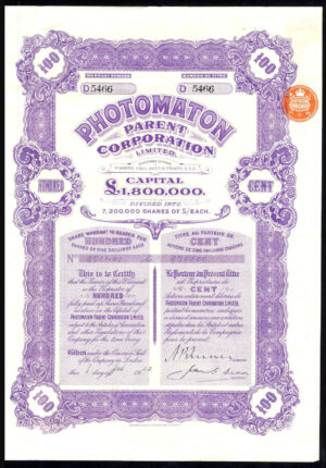 Photomaton Parent Corporation Ltd, 100 5/- shares 1928, Clarence Hatry fraudster
