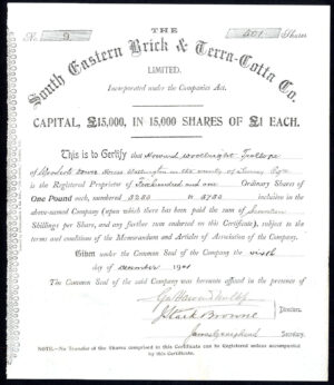 South Eastern Brick & Terra-Cotta Co. Ltd., £1 shares, 1901, acquired by Lambs