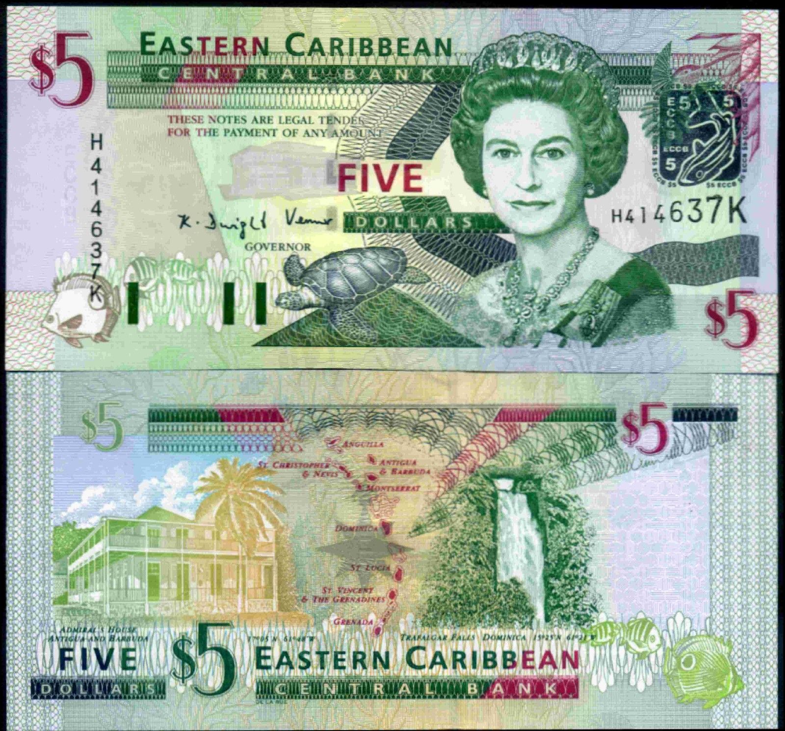 St Kitts. Five Dollars. series H---K, (2003), Almost Uncirculated-Uncirculated.