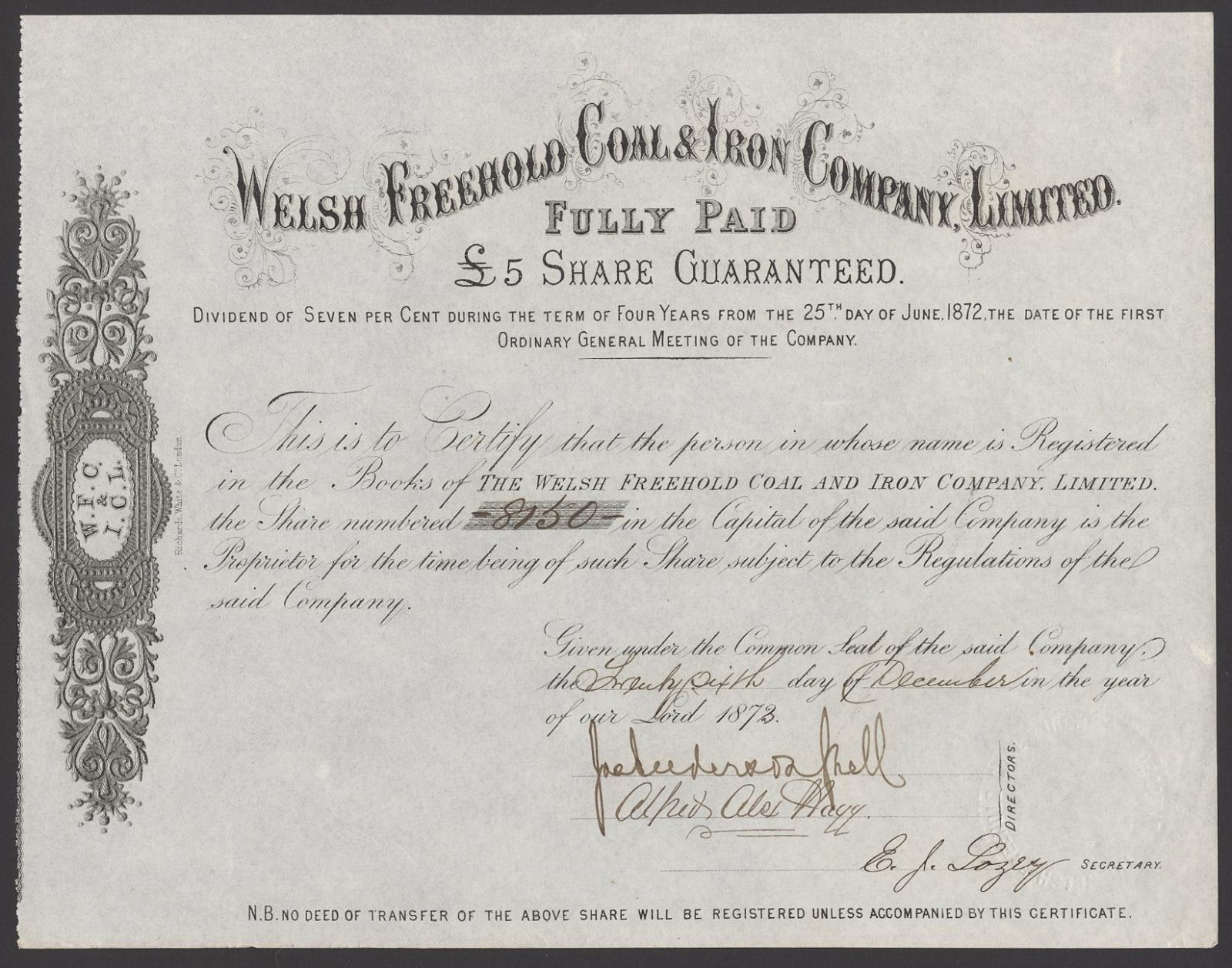 Welsh Freehold Coal & Iron Co. Ltd., £5 share, 1872 to 1874