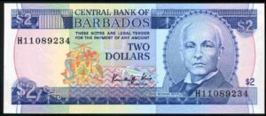 Barbados, Two Dollars, series H11,  King signature, (1986), Uncirculated.