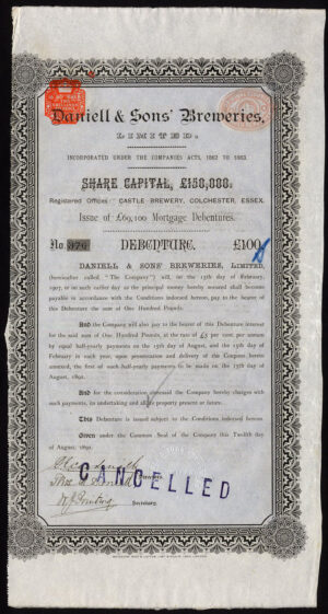 Colchester. Daniell & Sons' Breweries Ltd., £100 debenture, 1892, Waterlow, Bros & Layton