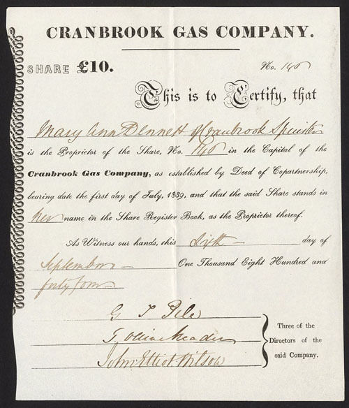 Cranbrook Gas Co., £10 share, 1844