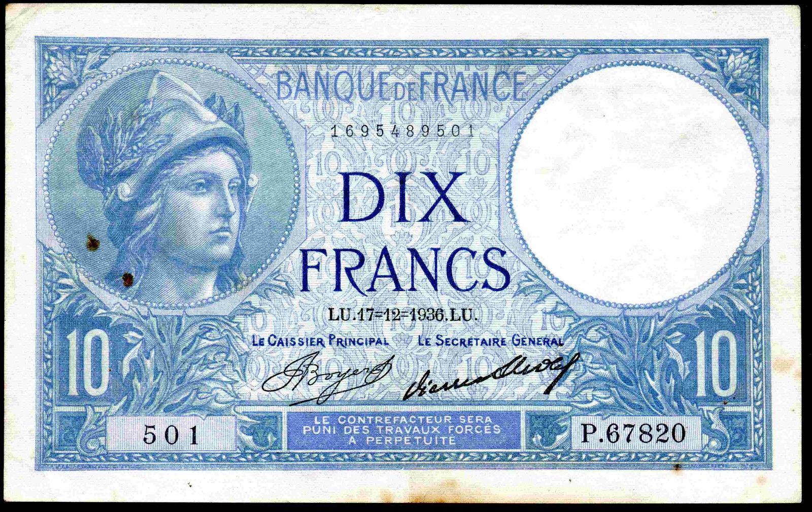 France. Ten Francs, 1695489501, Alph; P.67820. 17-12-1936, Good Very ...