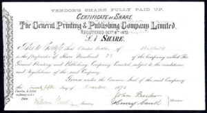 General Printing & Publishing Company Ltd., £1 share, 1873